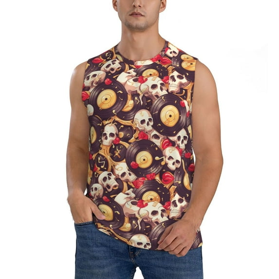 Haiem Men's Skull record lips Print Tank Tops Summer Sleeveless Cut Off Workout T-Shirts Fitness Vest Athletic Undershirts-XX-Large