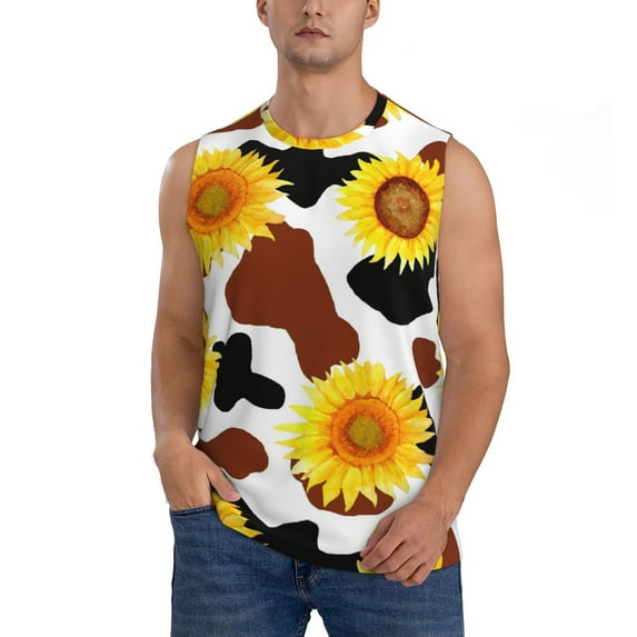 Haiem Men's Sunflower Cow Print Tank Tops Summer Sleeveless Cut Off Workout T-Shirts Fitness Vest Athletic Undershirts-X-Large