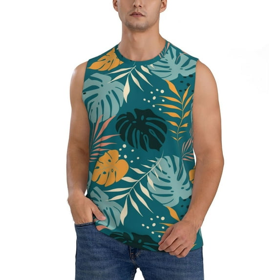 Haiem Men's Tropical Leaves Print Tank Tops Summer Sleeveless Cut Off Workout T-Shirts Fitness Vest Athletic Undershirts-XX-Large