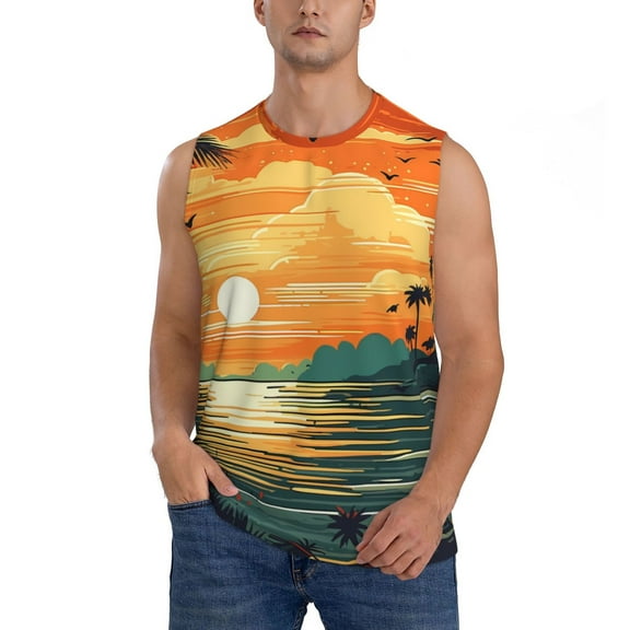 Haiem Men's Tropical Sunset Paradise Print Tank Tops Summer Sleeveless Cut Off Workout T-Shirts Fitness Vest Athletic Undershirts-Medium