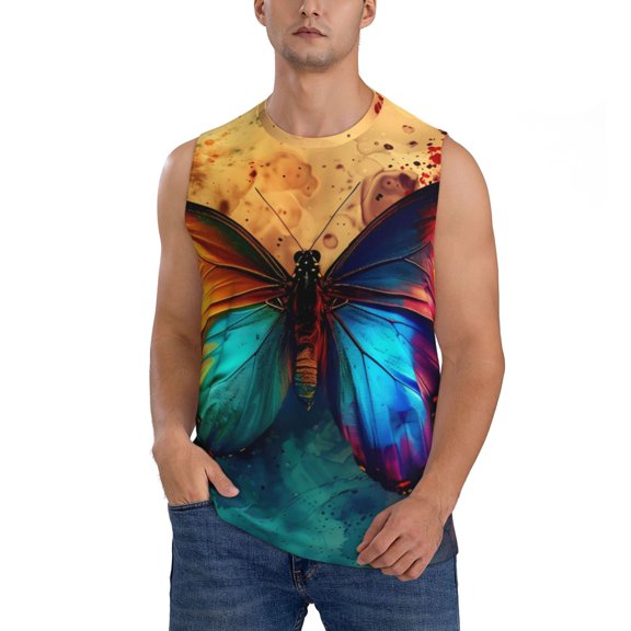 Haiem Men's Vibrant Rainbow Butterfly A Print Tank Tops Summer Sleeveless Cut Off Workout T-Shirts Fitness Vest Athletic Undershirts-3X-Large