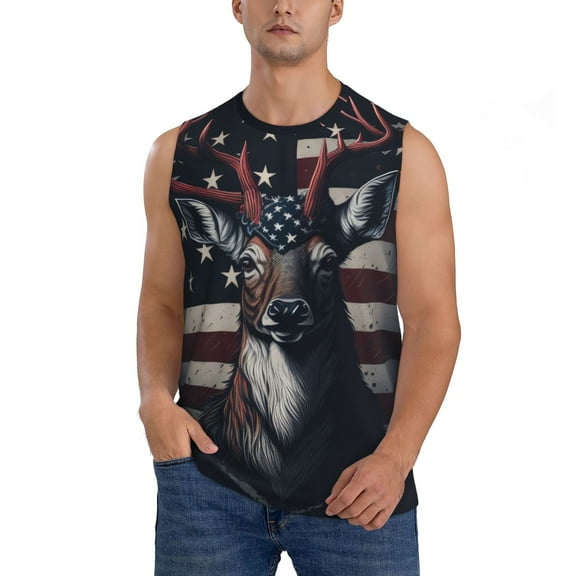Haiem Men's Vintage American Deer Print Tank Tops Summer Sleeveless Cut Off Workout T-Shirts Fitness Vest Athletic Undershirts-3X-Large