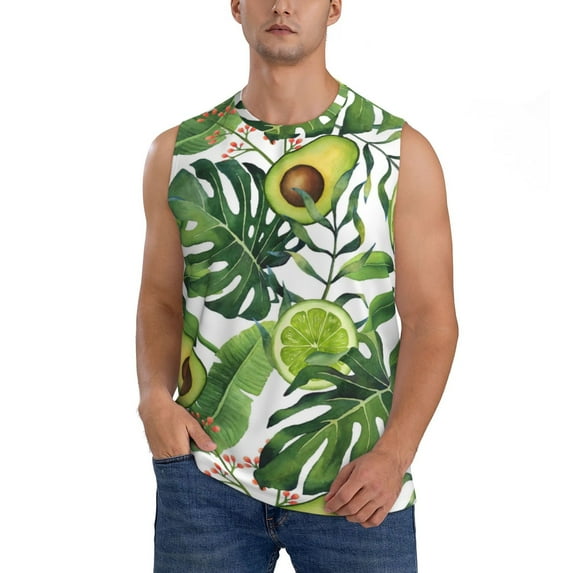 Haiem Men's Watercolor Green Tropical Print Tank Tops Summer Sleeveless Cut Off Workout T-Shirts Fitness Vest Athletic Undershirts-X-Large