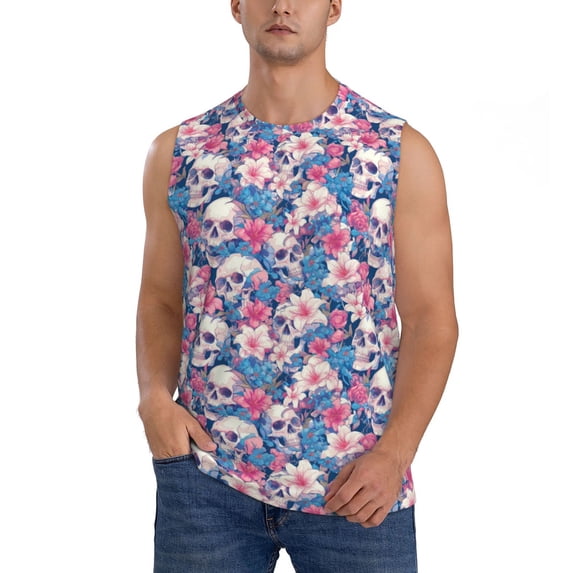 Haiem Men's white flower Skull blue Print Tank Tops Summer Sleeveless Cut Off Workout T-Shirts Fitness Vest Athletic Undershirts-XX-Large