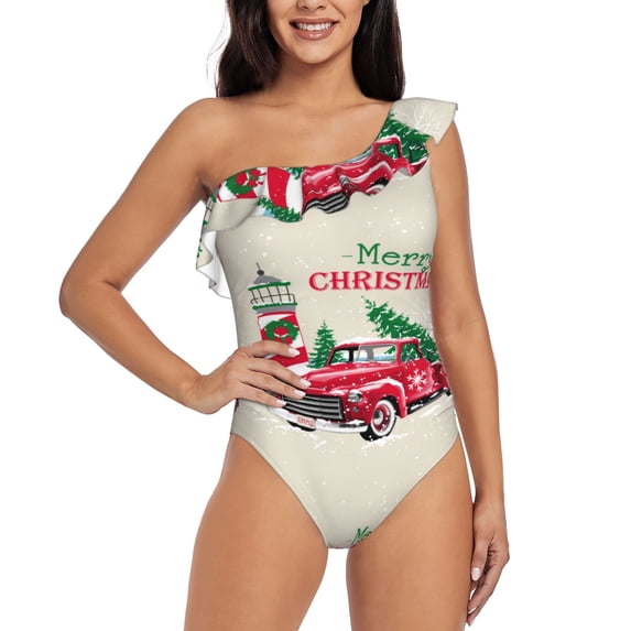Haiem Merry Christmas 1 Women's One Piece Swimsuits Tummy Control One Shoulder Bathing Suits Ruffle Swimwear-XX-Large