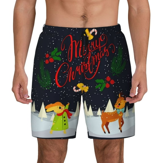 Haiem Merry Christmas Elk Mens Swim Trunks with Compression Liner 2 in 1 Swimming Shorts Stretch Swimwear Quick Dry,Board Shorts-3X-Large