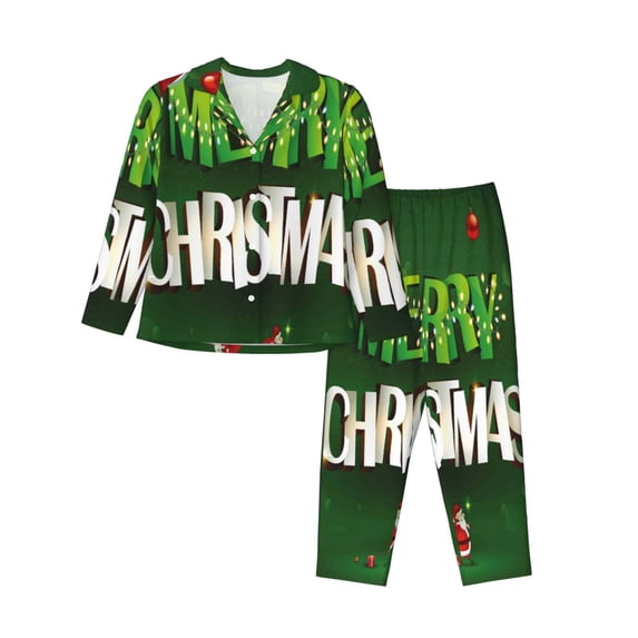 Haiem Merry Christmas Pattern Women’s Long-sleeve Sleepwear,Sleepwear Set,2-piece Loungewear Set,Soft PJs Comfy Nightwear with Pockets-Small