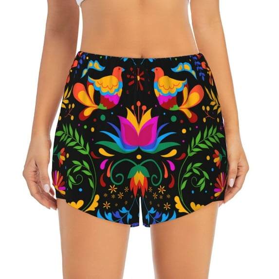 Haiem Mexican Flower Traditional1 Women's 2 in 1 Running Shorts - Lightweight Athletic Workout Gym Yoga Breathable Sports Shorts Liner with Phone Pockets-