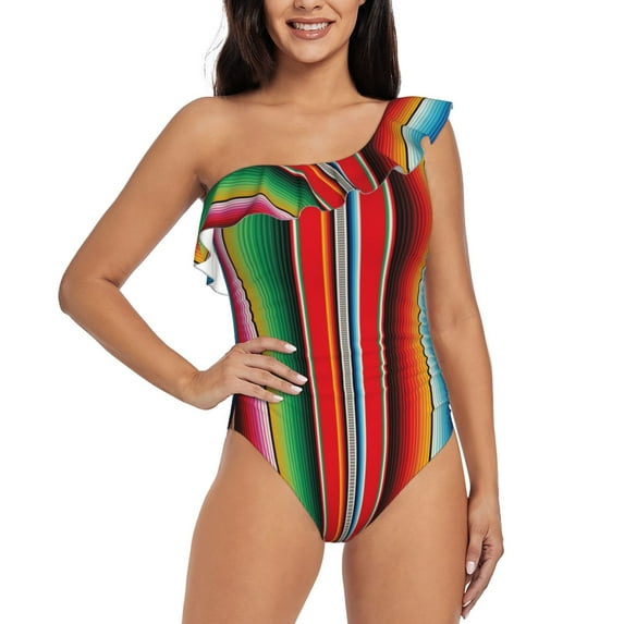 Haiem Mexican Serape Blanket Stripes Women's One Piece Swimsuits Tummy Control One Shoulder Bathing Suits Ruffle Swimwear-Medium