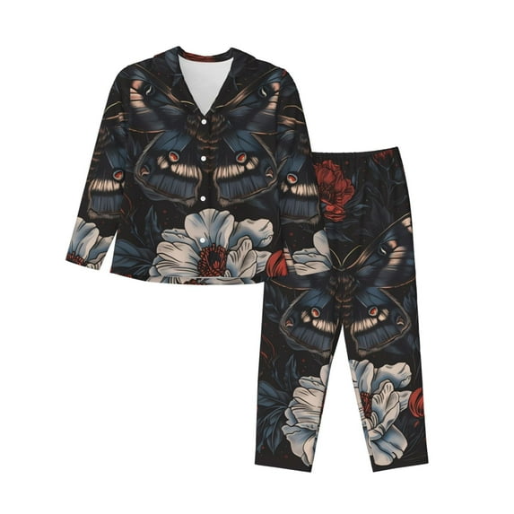 Haiem Midnight Butterfly Floral Dream Pattern Women’s Long-sleeve Sleepwear,Sleepwear Set,2-piece Loungewear Set,Soft PJs Comfy Nightwear with Pockets-XX-Large