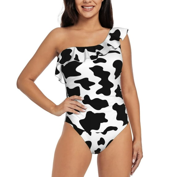 Haiem Milk Cow Women's One Piece Swimsuits Tummy Control One Shoulder Bathing Suits Ruffle Swimwear-X-Large