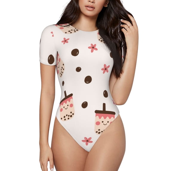 Haiem Milk Tea Women's Crew Neck Short Sleeve Bodysuit Tops Stretchy Slim Basic-X-Large