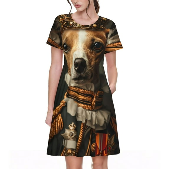 Haiem Modern Cute Dog Pattern Women's Short-Sleeve Scoop Neck Swing Dress