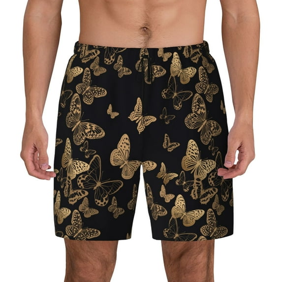 Haiem Modern Golden Butterfly Mens Swim Trunks with Compression Liner 2 in 1 Swimming Shorts Stretch Swimwear Quick Dry,Board Shorts-XX-Large