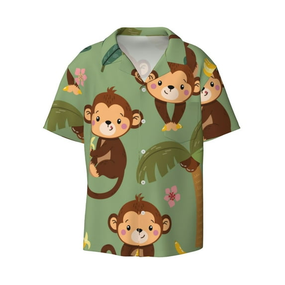 Haiem Monkeys Swinging from Palms Men's Casual Shirts Short Sleeve Button Down Shirts Fashion Textured Summer Beach Shirt-X-Large