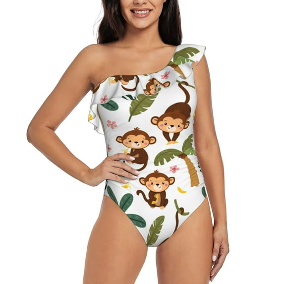 Haiem Monkeys Swinging from Palms Women's One Piece Swimsuits Tummy Control One Shoulder Bathing Suits Ruffle Swimwear-X-Large