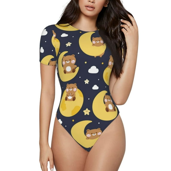 Haiem Moon Bear Women's Crew Neck Short Sleeve Bodysuit Tops Stretchy Slim Basic-XX-Large
