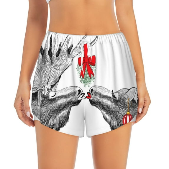 Haiem Moose Kissing Under Mistletoe Women's 2 in 1 Running Shorts - Lightweight Athletic Workout Gym Yoga Breathable Sports Shorts Liner with Phone Pockets-Medium