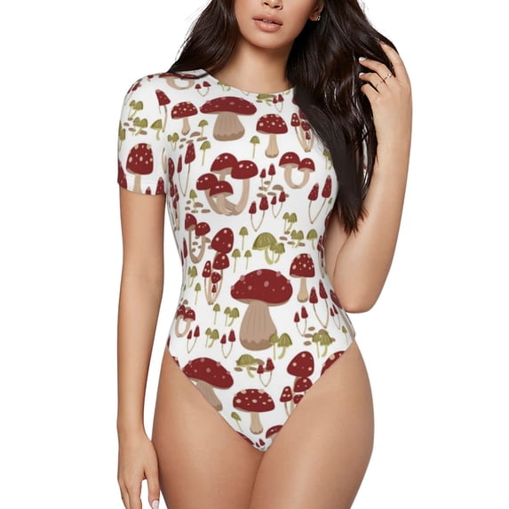 Haiem Mushroom Women's Crew Neck Short Sleeve Bodysuit Tops Stretchy Slim Basic-Large