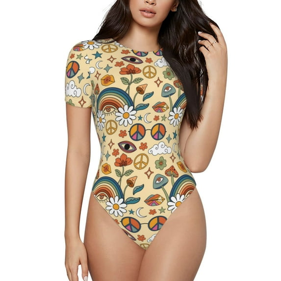 Haiem Mushrooms And Rainbows Peace Women's Crew Neck Short Sleeve Bodysuit Tops Stretchy Slim Basic-XX-Large