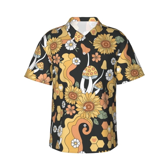Haiem Mushrooms Honeycomb Printed Hawaiian Shirt for Men - Men’s Casual Beach Summer Shirts - Stretch Fabric with Modern Fit-Large