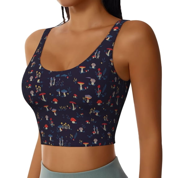 Haiem Mushrooms3 Pattern Womens Sports Bra - U Neck Padded Low Impact Yoga Bra Workout Crop Top Gym Moisture-Wicking Workout Vest -