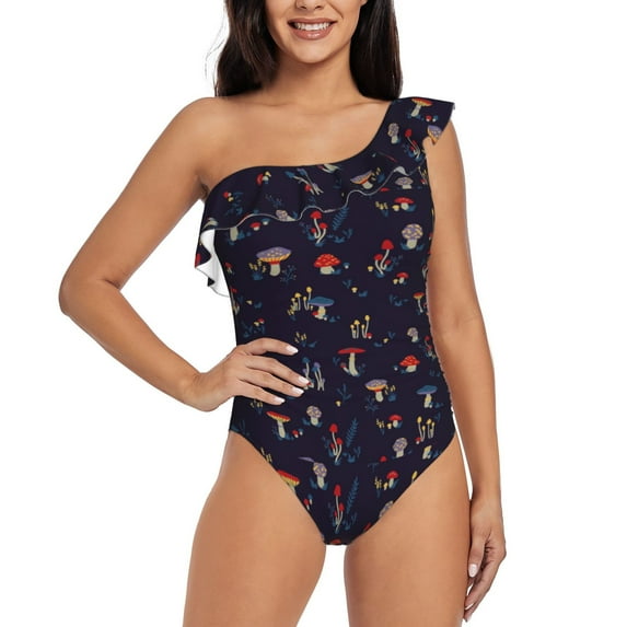 Haiem Mushrooms3 Women's One Piece Swimsuits Tummy Control One Shoulder Bathing Suits Ruffle Swimwear-Small