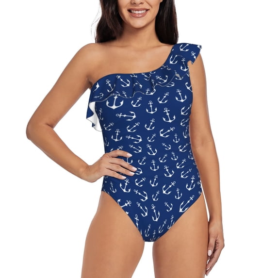 Haiem Nautical Anchors Women's One Piece Swimsuits Tummy Control One Shoulder Bathing Suits Ruffle Swimwear-XX-Large