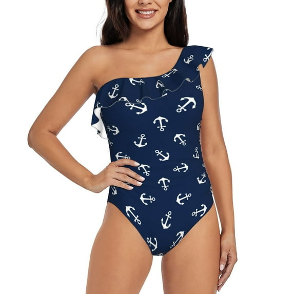 Haiem Nautical Themed Simple Anchors Women's One Piece Swimsuits Tummy Control One Shoulder Bathing Suits Ruffle Swimwear-XX-Large