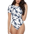 thumbnail image 1 of Haiem Navy Blue Anchor Women's Crew Neck Short Sleeve Bodysuit Tops Stretchy Slim Basic-Small, 1 of 9