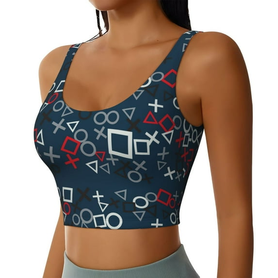 Haiem Navy Blue Geometric Pattern Womens Sports Bra - U Neck Padded Low Impact Yoga Bra Workout Crop Top Gym Moisture-Wicking Workout Vest -