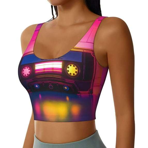 Haiem Neon Cassette Tape Pattern Womens Sports Bra - U Neck Padded Low Impact Yoga Bra Workout Crop Top Gym Moisture-Wicking Workout Vest -Large