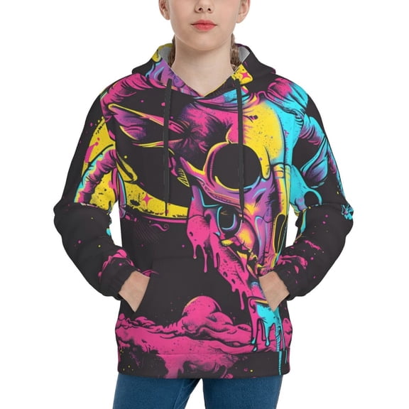 Haiem Neon Gothic Skull Moon Pattern Boys Hoodie, Youth Pullover Hooded Sweatshirt, Kangaroo Pocket Hoodie for Kids Girls -X-Large