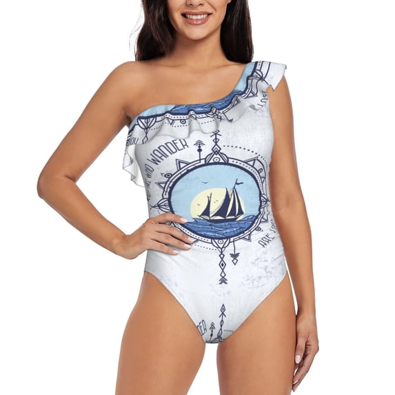 Haiem Not All Who Wander Are Lost2 Women's One Piece Swimsuits Tummy Control One Shoulder Bathing Suits Ruffle Swimwear-Medium