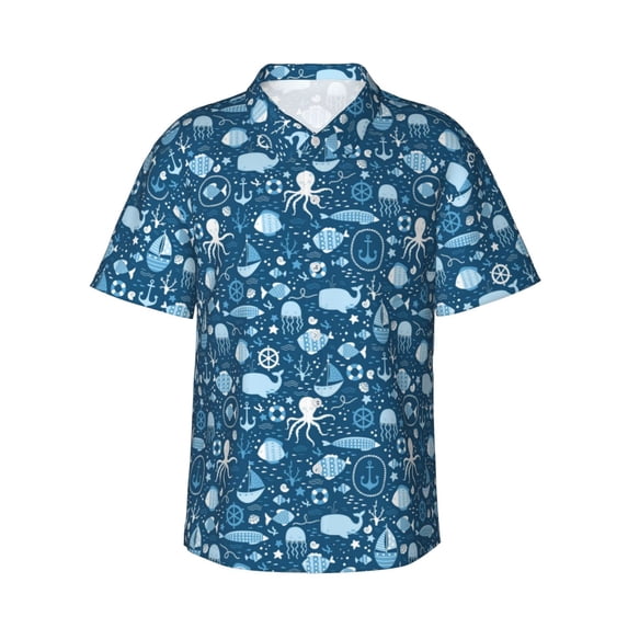 Haiem Octopus And Whale Printed Hawaiian Shirt for Men - Men’s Casual Beach Summer Shirts - Stretch Fabric with Modern Fit-Large