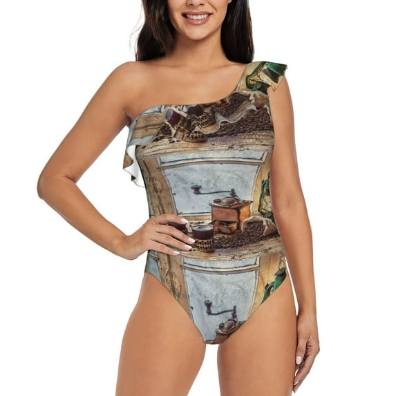 Haiem Oil Lamp Coffee Beans Women's One Piece Swimsuits Tummy Control One Shoulder Bathing Suits Ruffle Swimwear-Small