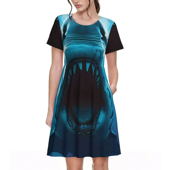 Haiem Open-Mouthed Shark Pattern Women's Short-Sleeve Scoop Neck Swing Dress