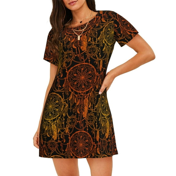 Haiem Orange Dreamcatcher Print Women’s Short-sleeved Nightdress – Comfortable and Loose-Fit Sleepwear, Soft Cotton Sleep Shirt for Relaxing, Casual Nightdress