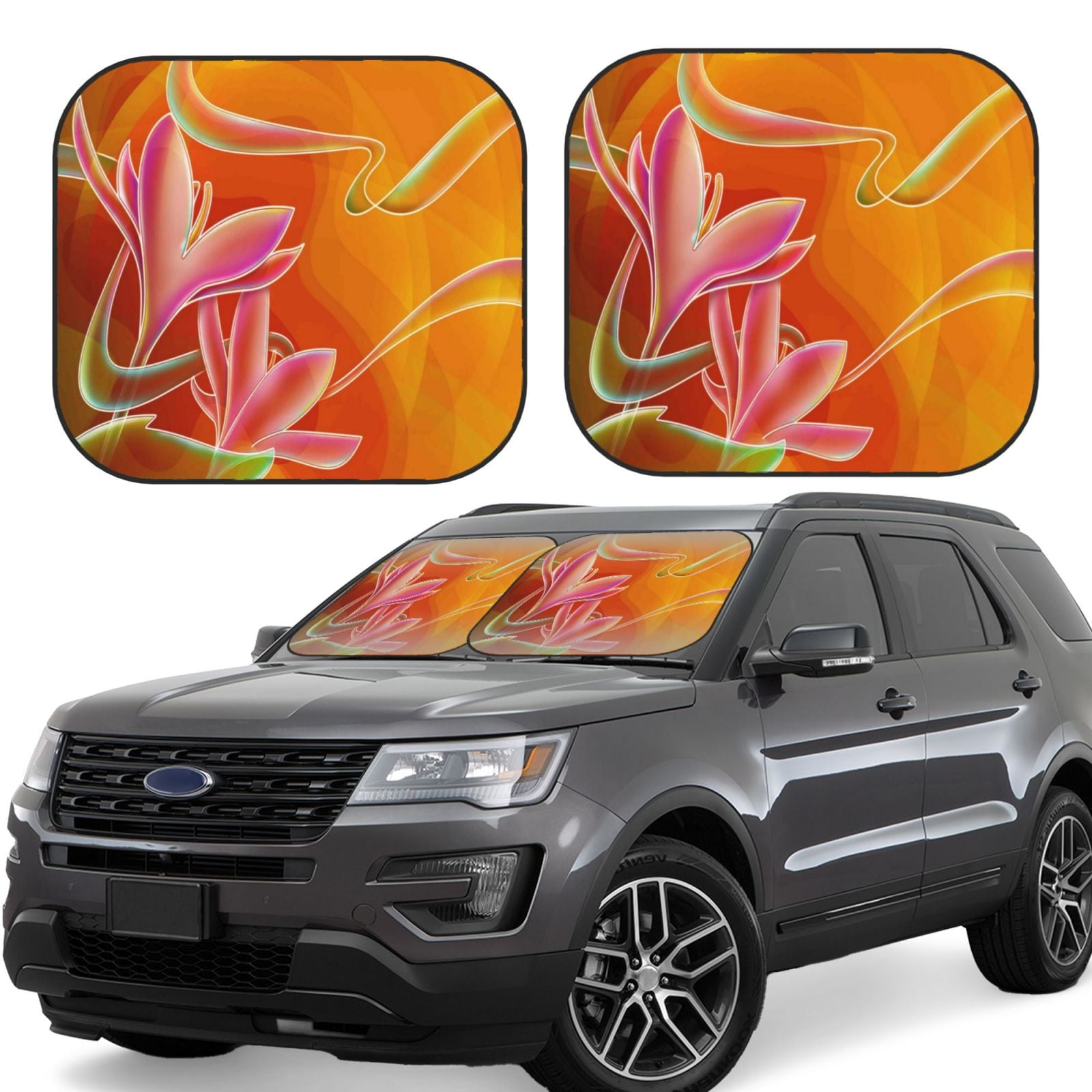 Haiem Orange Flower Psychedelic Car Windshield Sun Shade (2 Pieces