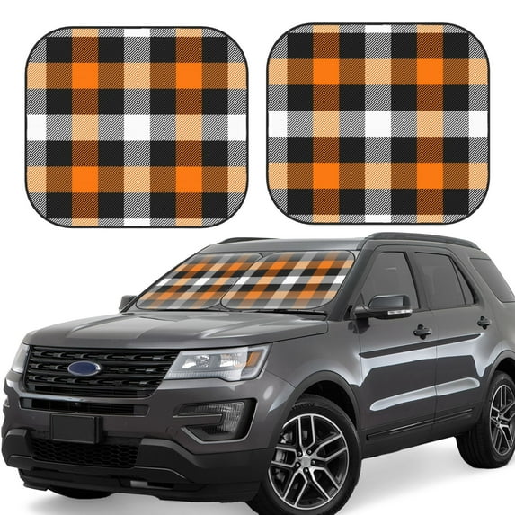 Haiem Orange Plaid Car Windshield Sun Shade (2 Pieces) Foldable Windshield Sun Shade Car Accessories for Truck SUV Pickup-Large