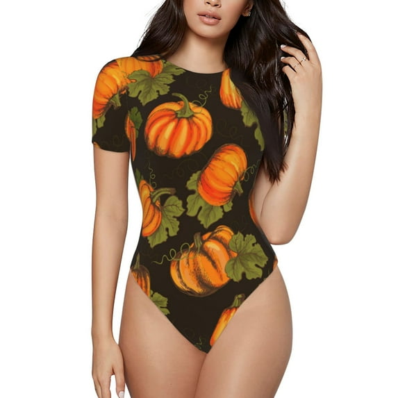 Haiem Orange Pumpkin Women's Crew Neck Short Sleeve Bodysuit Tops Stretchy Slim Basic-XX-Large