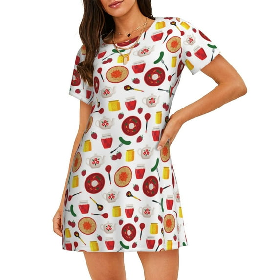 Haiem Oriental Cuisine Print Women’s Short-sleeved Nightdress – Comfortable and Loose-Fit Sleepwear, Soft Cotton Sleep Shirt for Relaxing, Casual Nightdress