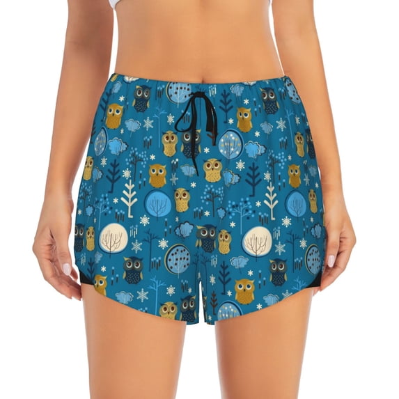 Haiem Owls And Trees Women's 2 in 1 Running Shorts - Lightweight Athletic Workout Gym Yoga Breathable Sports Shorts Liner with Phone Pockets-Medium