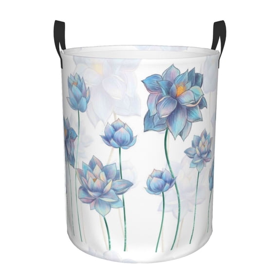 Haiem Pale Blue Lotus Flowers Leather Dirty Clothes Laundry Basket,Sturdy & Waterproof,Collapsible Round Design For Efficient Space Management,Multi-Purpose Storage Basket