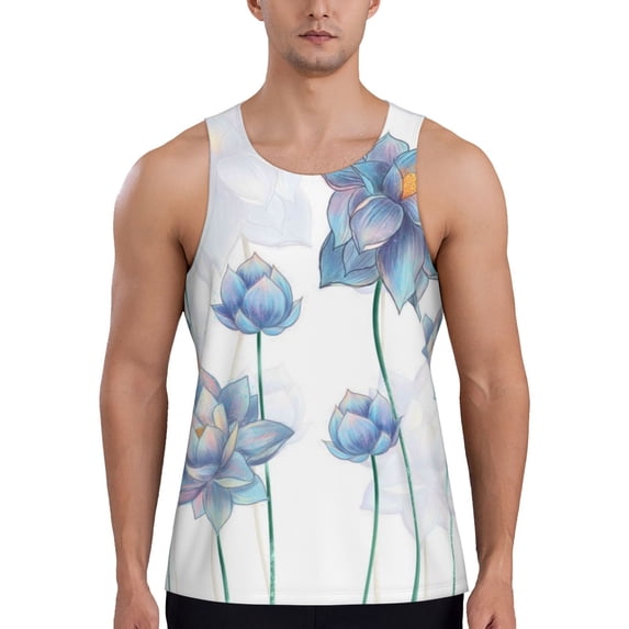 Haiem Pale Blue Lotus Flowers Men Workout Tank Top Gym Bodybuilding Sleeveless Muscle T Shirts Athletic Tank Breathable Workout Shirt-4X-Large
