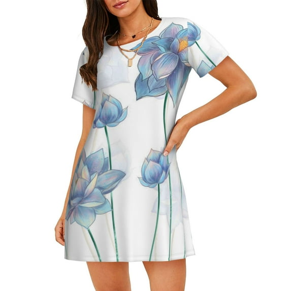 Haiem Pale Blue Lotus Flowers Print Women’s Short-sleeved Nightdress – Comfortable and Loose-Fit Sleepwear, Soft Cotton Sleep Shirt for Relaxing, Casual Nightdress