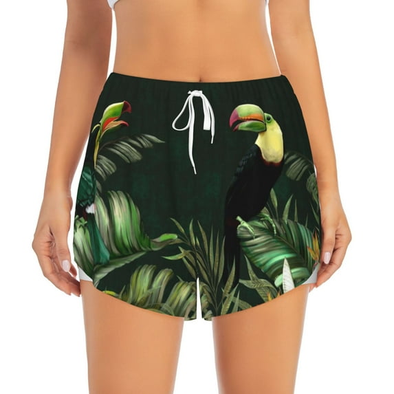 Haiem Palm Leaves And Exotic Birds Women's 2 in 1 Running Shorts - Lightweight Athletic Workout Gym Yoga Breathable Sports Shorts Liner with Phone Pockets-XX-Large