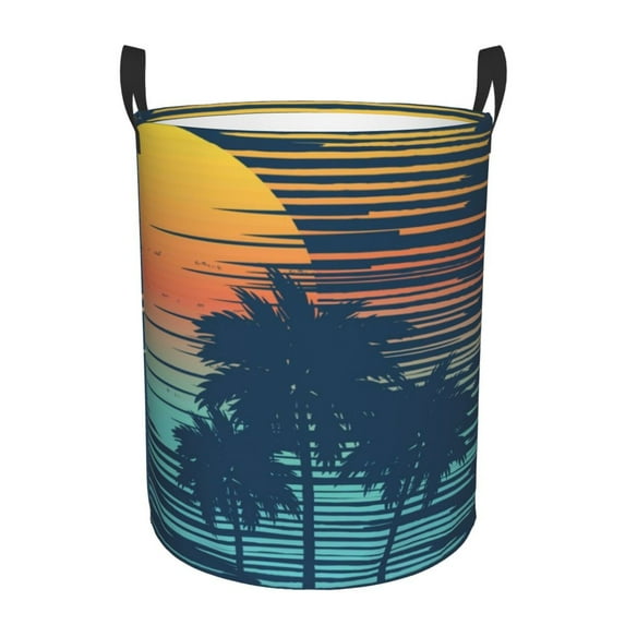 Haiem Palm Trees Leather Dirty Clothes Laundry Basket,Sturdy & Waterproof,Collapsible Round Design For Efficient Space Management,Multi-Purpose Storage Basket