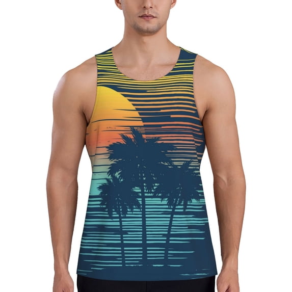 Haiem Palm Trees Men Workout Tank Top Gym Bodybuilding Sleeveless Muscle T Shirts Athletic Tank Breathable Workout Shirt-3X-Large