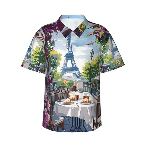 Haiem Parisian Cafe With Eiffel Printed Hawaiian Shirt for Men - Men’s Casual Beach Summer Shirts - Stretch Fabric with Modern Fit-Medium